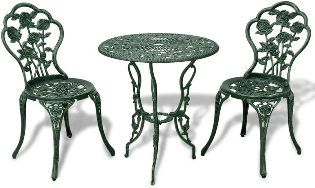 3 Piece Bistro Set Cast Aluminum Green,Luxurious Cast Aluminum Bistro Set: Enhance Your Outdoor Dining and Conversation Patio Furniture Sets, Outdoor Furniture Sets