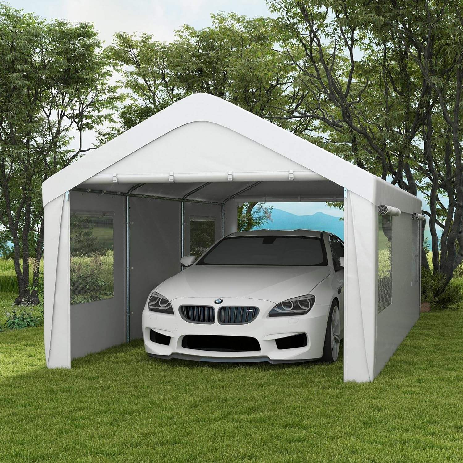 10 x 20FT Heavy Duty Portable Carport Canopy Car Tent Garage, 2 Roll-Up Doors & 4 Vent Windows Carports Car Ports for Car, Truck, Boat, RV, Vehicle Protection Shelter,Car Port,White
