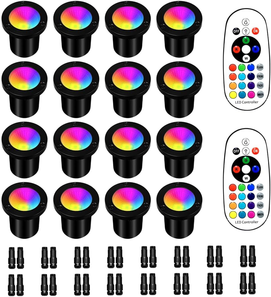 RGB Low Voltage Landscape Lighting - 10W RGB Landscape Lights with Color Changing, 12V-24V Waterproof Outdoor In-Ground Lights for Garden Yard Patio, Halloween Christmas Decorations (16 Pack)