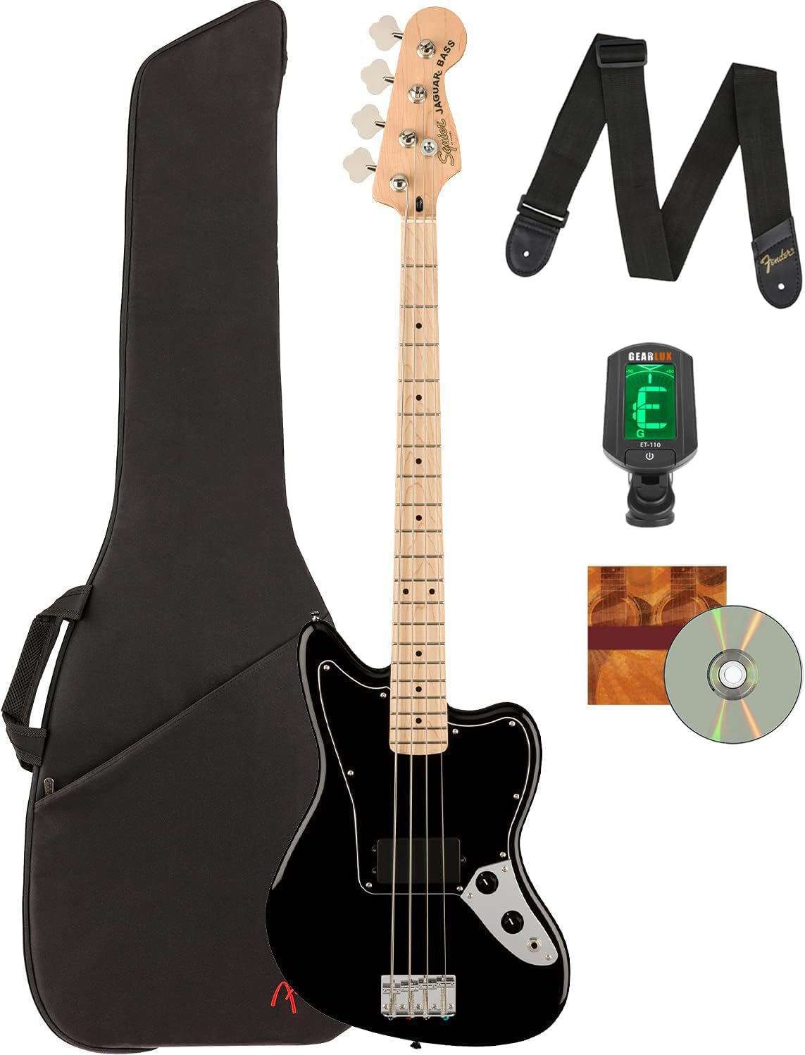 Fender Squier Affinity Jaguar Bass H - Black Bundle with Gig Bag, Tuner, Strap, and Austin Bazaar Instructional DVD