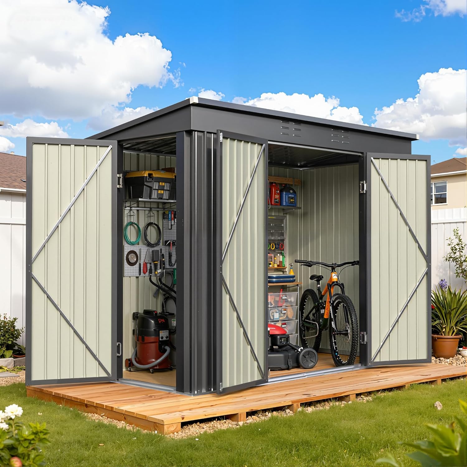 Greesum 8x4FT Outdoor Storage Shed, Metal Shed with Triple Lockable Door, Utility Tool Storaged Garden Shed with Slopping Roof for Patio Storage, Black