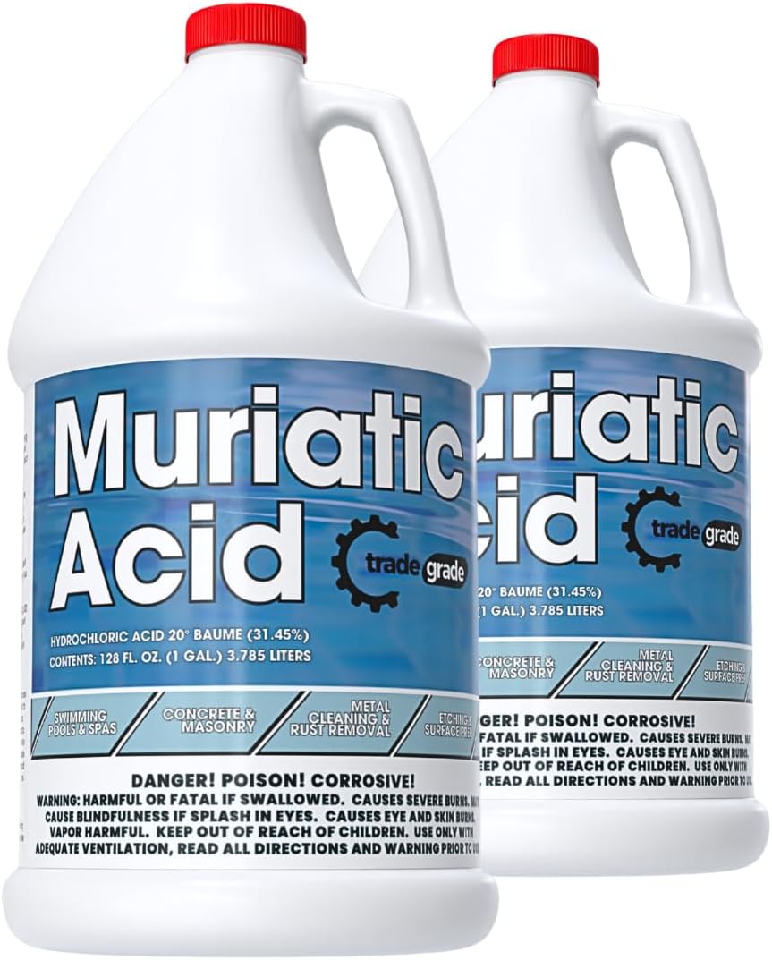 TradeGrade Muriatic Acid for Swimming Pools & Spas – Muriatic Acid for Pools (HCL), pH Reducer for Water Balancing, Concrete Cleaner (2 Gallons)