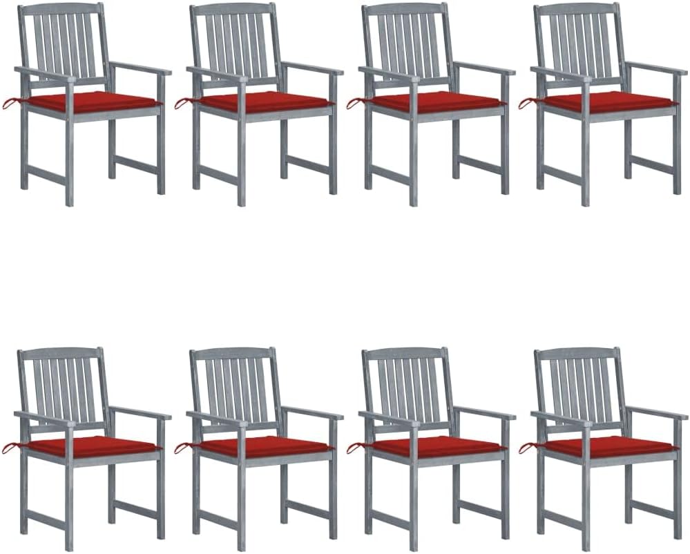 Patio Chairs with Cushions 8 pcs Solid Acacia Wood Gray,Acacia Wood Patio Chair Set with Red Cushions: Comfort and Durability for Outdoor Living Outdoor Furniture, Outdoor Chairs