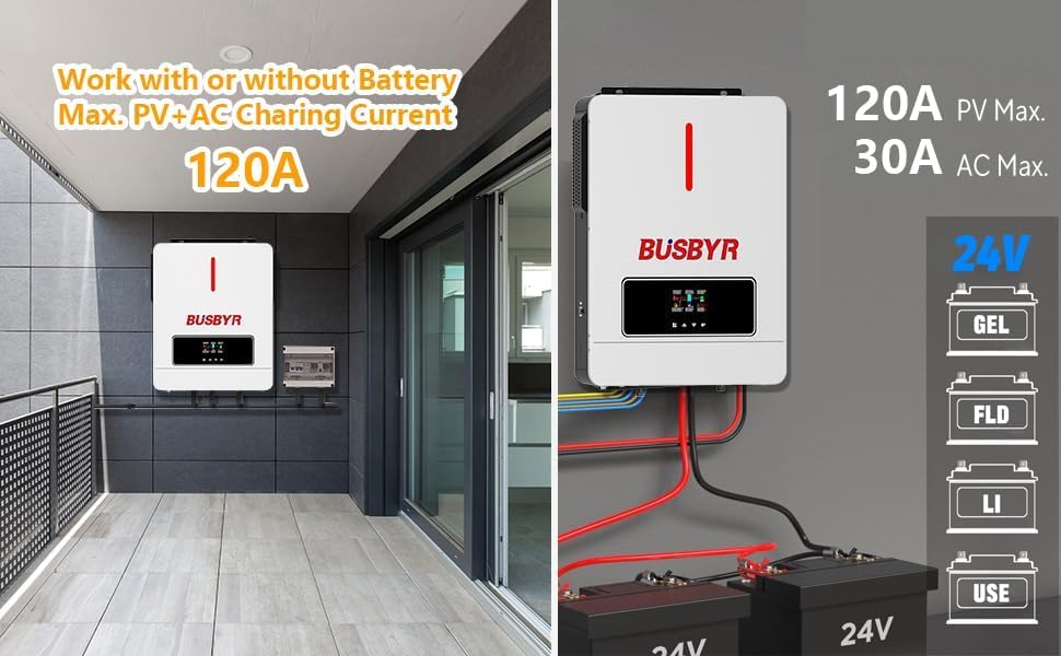 3600W Hybrid Solar Inverter All-in-One, 24V to 110V/120V Pure Sine Wave with 120A MPPT Controller, 98% Efficiency, Off-Grid Home RV Backup by Busbyr