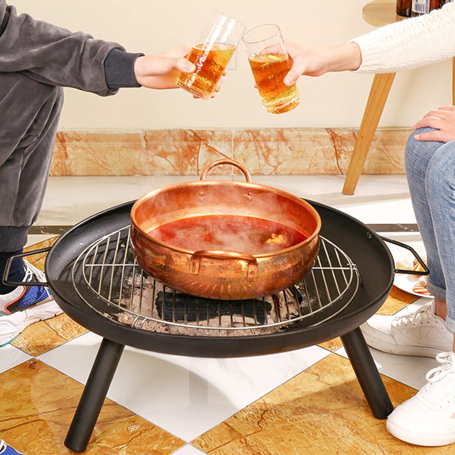 LXLZYXSF Round Shallow Bonfire Wood Burning Fire Pit for Indoor Outdoor, Fire Bowl Deck Yard Barbecue Stove Camping Fire Bowl Basin (Color : with Grate)