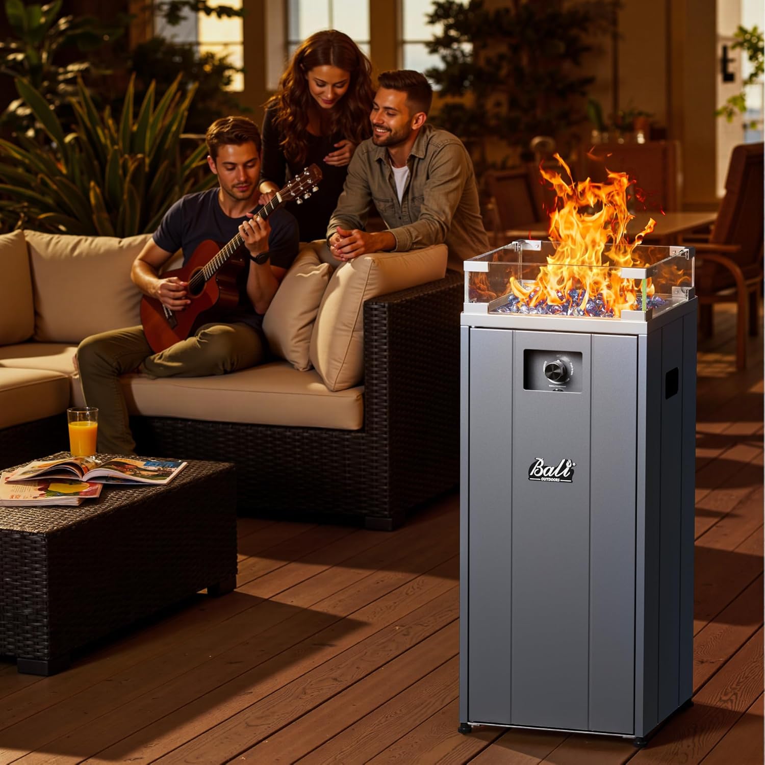 BALI OUTDOORS 15 inch Gas Fire Pit, Outside Propane Firebowl with Glass Wind Guard, Patio Square Fireplace with Fire Glass Stone for Backyard, Garden and Terrace