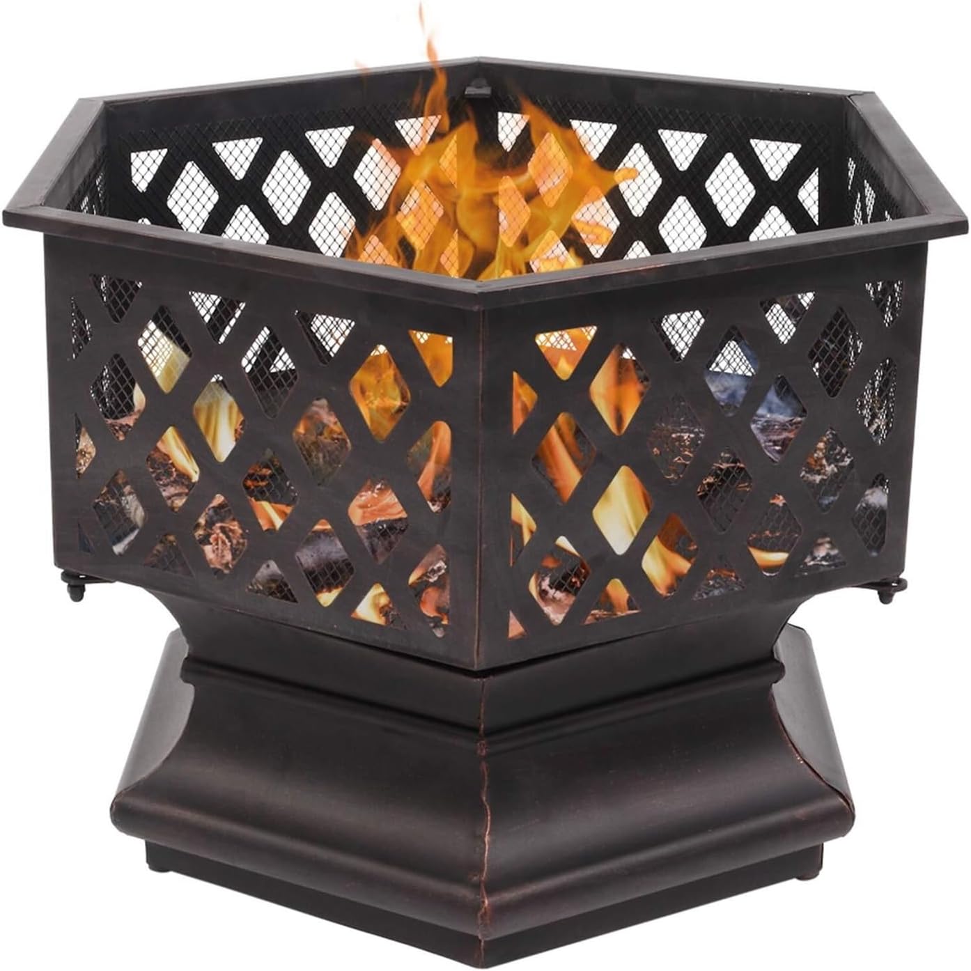 22 Inch Hexagon Steel Fire Pit for Outdoor Wood Burning Portable Fire Bowl with Spark Screen and Poker Deep Bowl Design for Backyard Patio Camping and Garden
