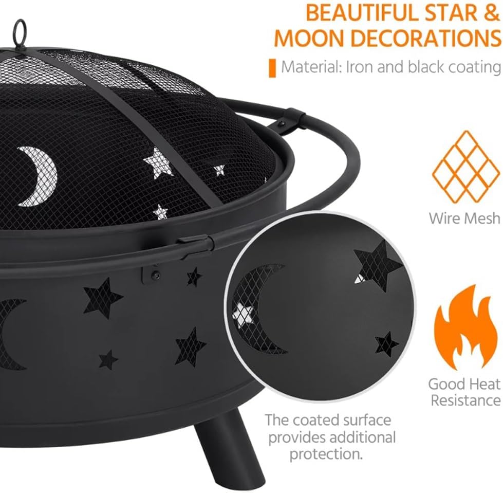 Fire Pit 32 Inch Outdoor Wood Burning Firepit with Screen Patio Round About The Moon and Stars