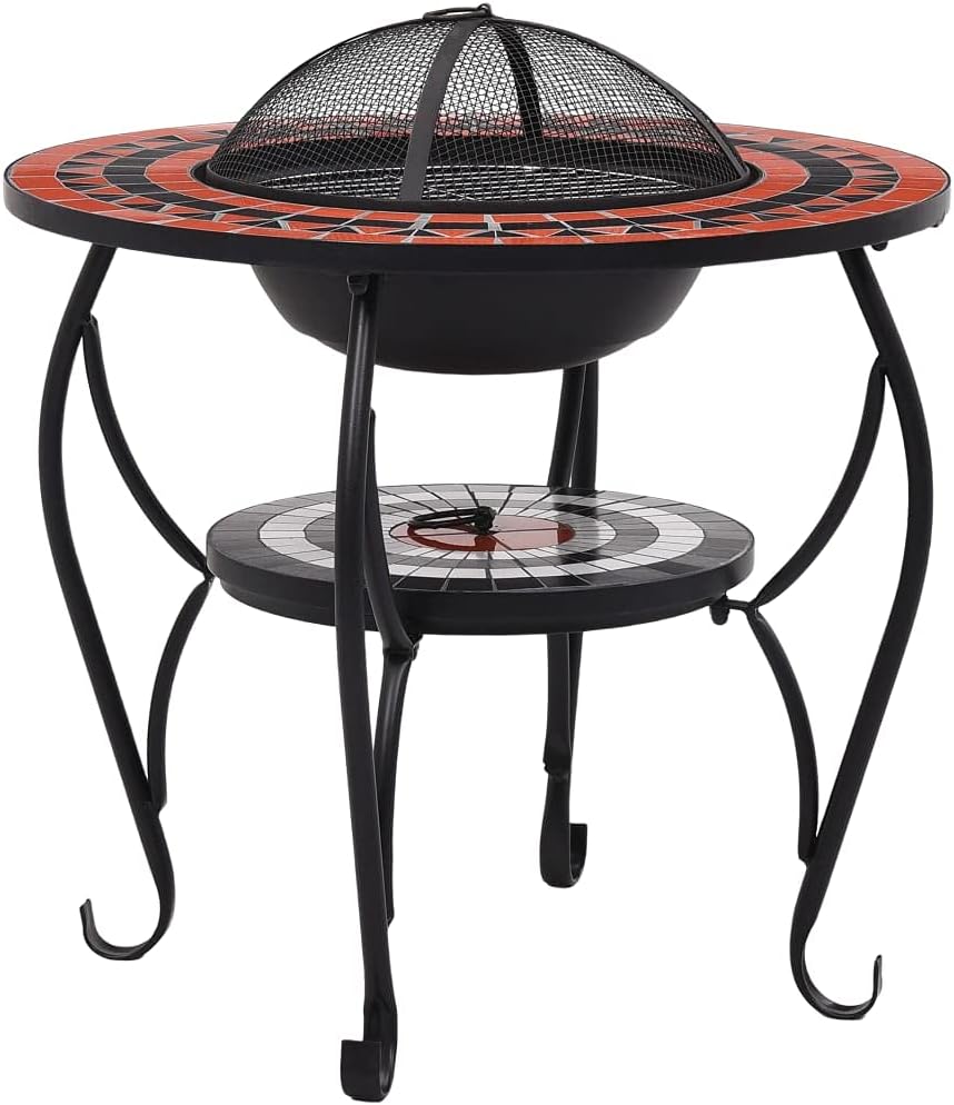 Mosaic Fire Pit Table with Mesh Cover and Electroplating Grid Ceramic Propane Fire Pits Absorbing and Radiating Heat Round Outdoor Fireplace for Garden Patio 26.8