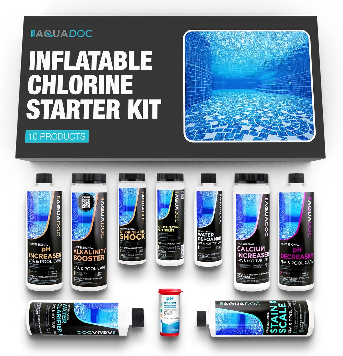 AquaDoc Inflatable Hot Tub Chemical Kit With Chlorine - Spa Starter Kit & pH Control - Convenient for Hot Tubs