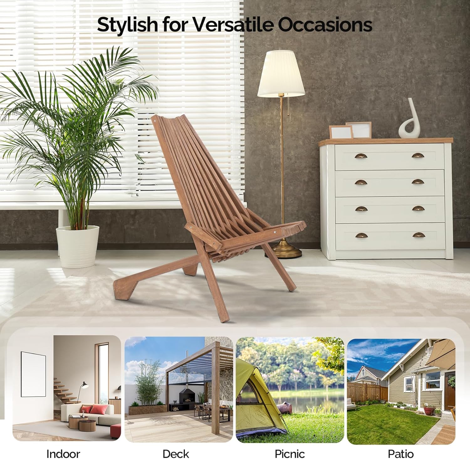 VINGLI FSC Acacia Wood Folding Outdoor Chairs Set of 4,Weather-Resistant Wooden Folding Chairs Patio Chair Furniture Comfy Adirondack Chairs Lounge Chair for Deck Fire Pit Porch Camping,Up to 350LBS