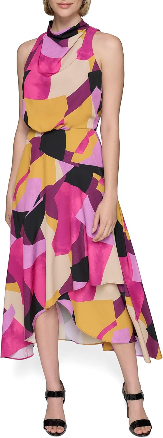 KARL LAGERFELD Womens Halter Neck Silky Crepe Colorful Geo Print Midi Dress