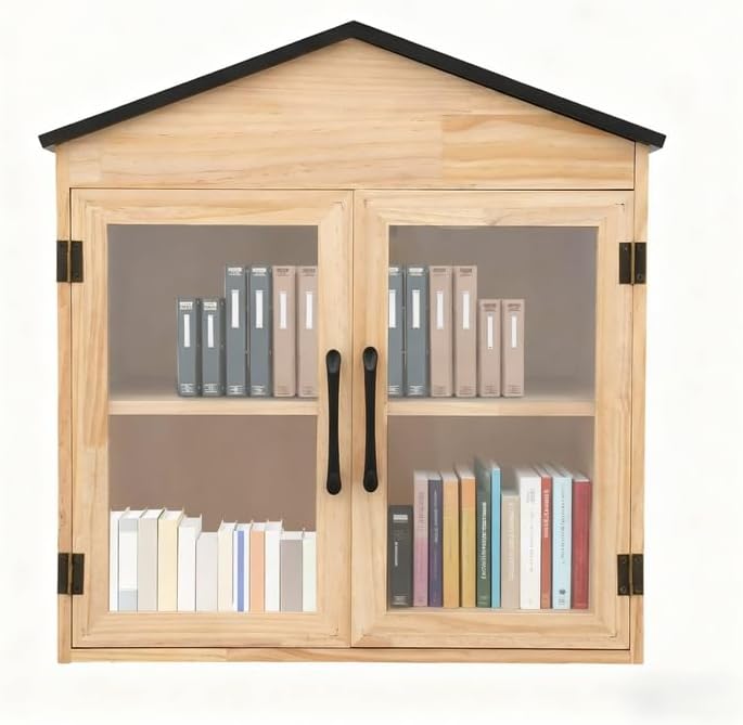 Little Outdoor Library Box, 2-Tier Waterproof Free Library Wooden Cabinet, 20x14x22 Inch Small Storage Box for DIY, Neighbourhoods, Communities and Kids to Share Books, Magazines, Artworks