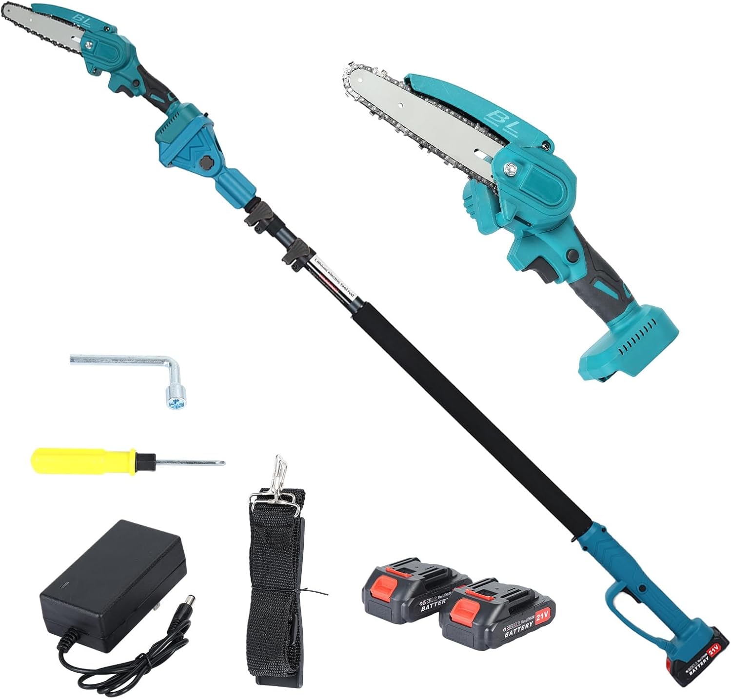 Cordless Pole Saw, 4.6-9.8ft Retractable Extension Pole for Tree Trimming, 6 Inch Electric Chainsaw with Brushless Motor, 2x 21V 2.0Ah Batteries, for Wood Cutting, Branch Pruning Blue