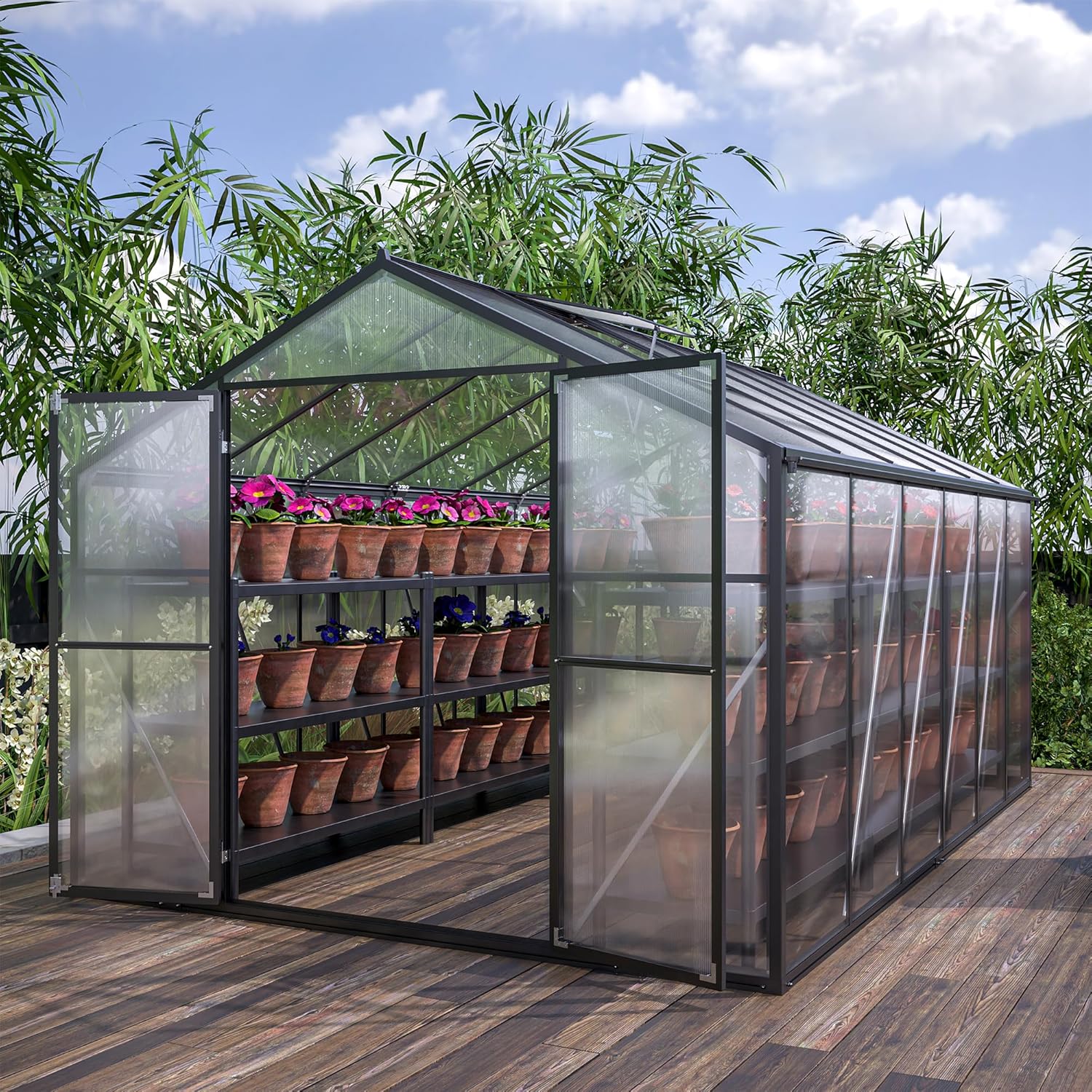 Heavy Duty Aluminum Greenhouse for Outdoor Winter Walk-in Polycarbonate Garden Greenhouse Kit with Base, Adjustment Roof Vent, Sliding Door, Rain Gutter, 2 Gloves, Free Assembly Tools (8x12)
