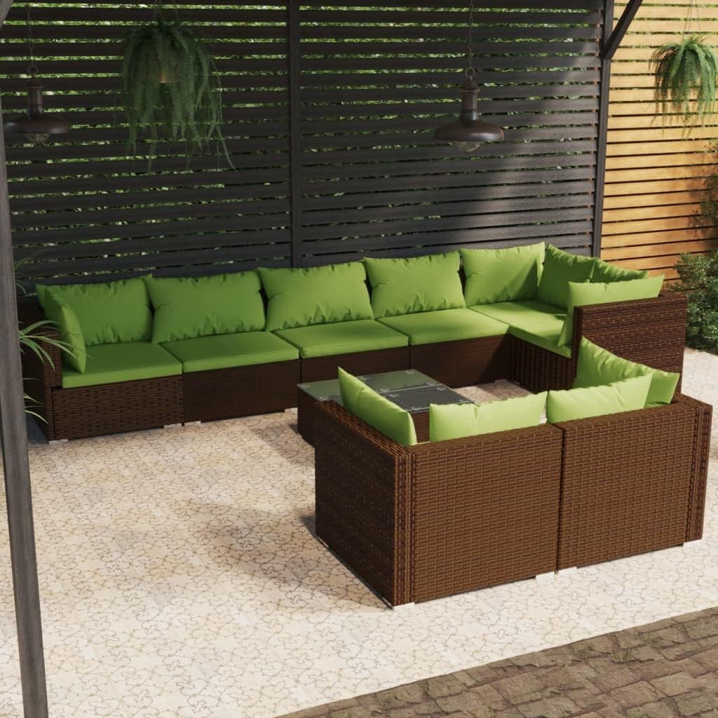 9 Piece Patio Lounge Set with Cushions Brown Poly Rattan,Poly Rattan Patio Lounge Set for Outdoor Leisure Time Patio Furniture Sets, Outdoor Furniture Sets