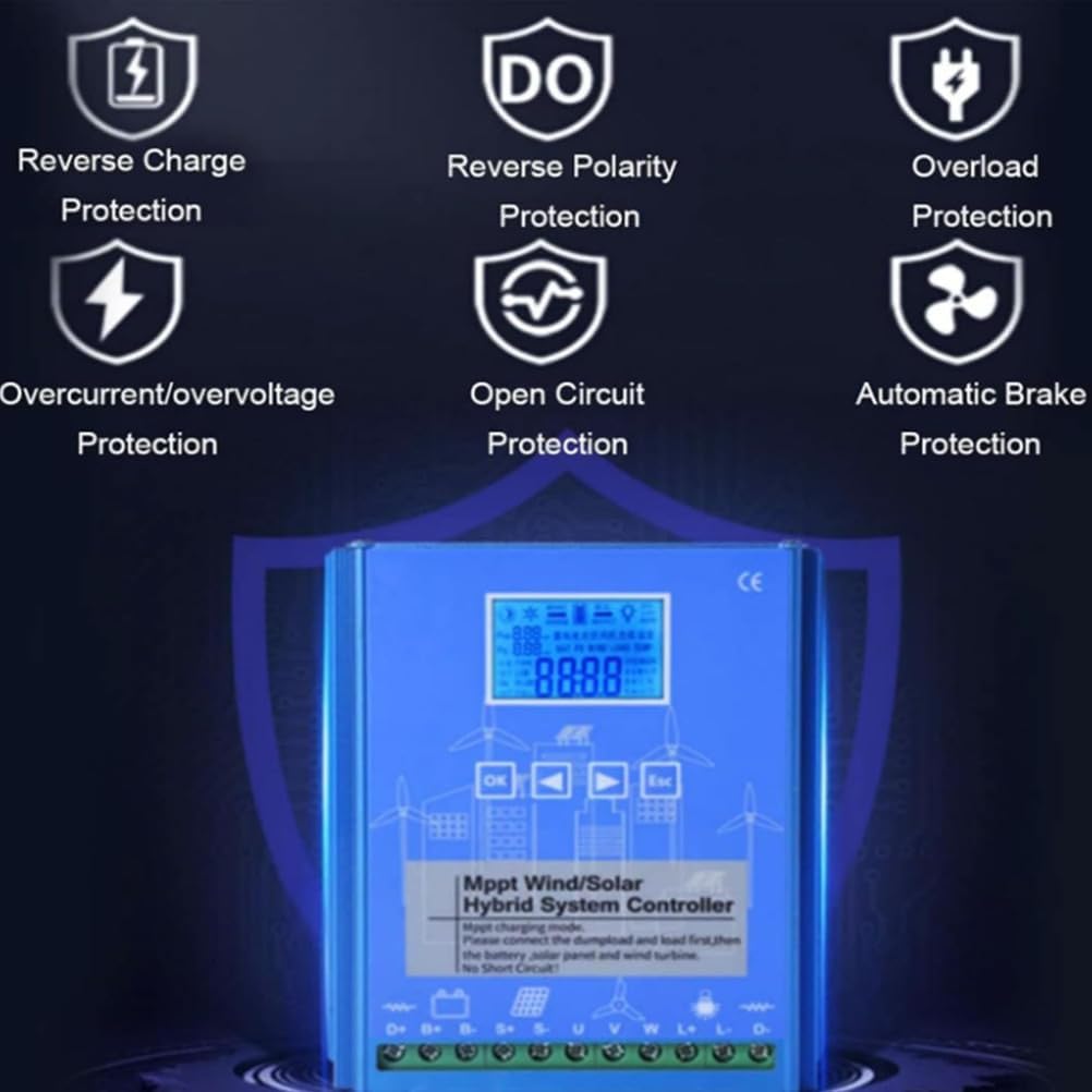 1000W Wind Solar Hybrid Charge Controller 12V 24V 48V MPPT Boost Charge Regulator with LCD Display and Dump Load for Wind Turbine Generator Charger Battery,48v