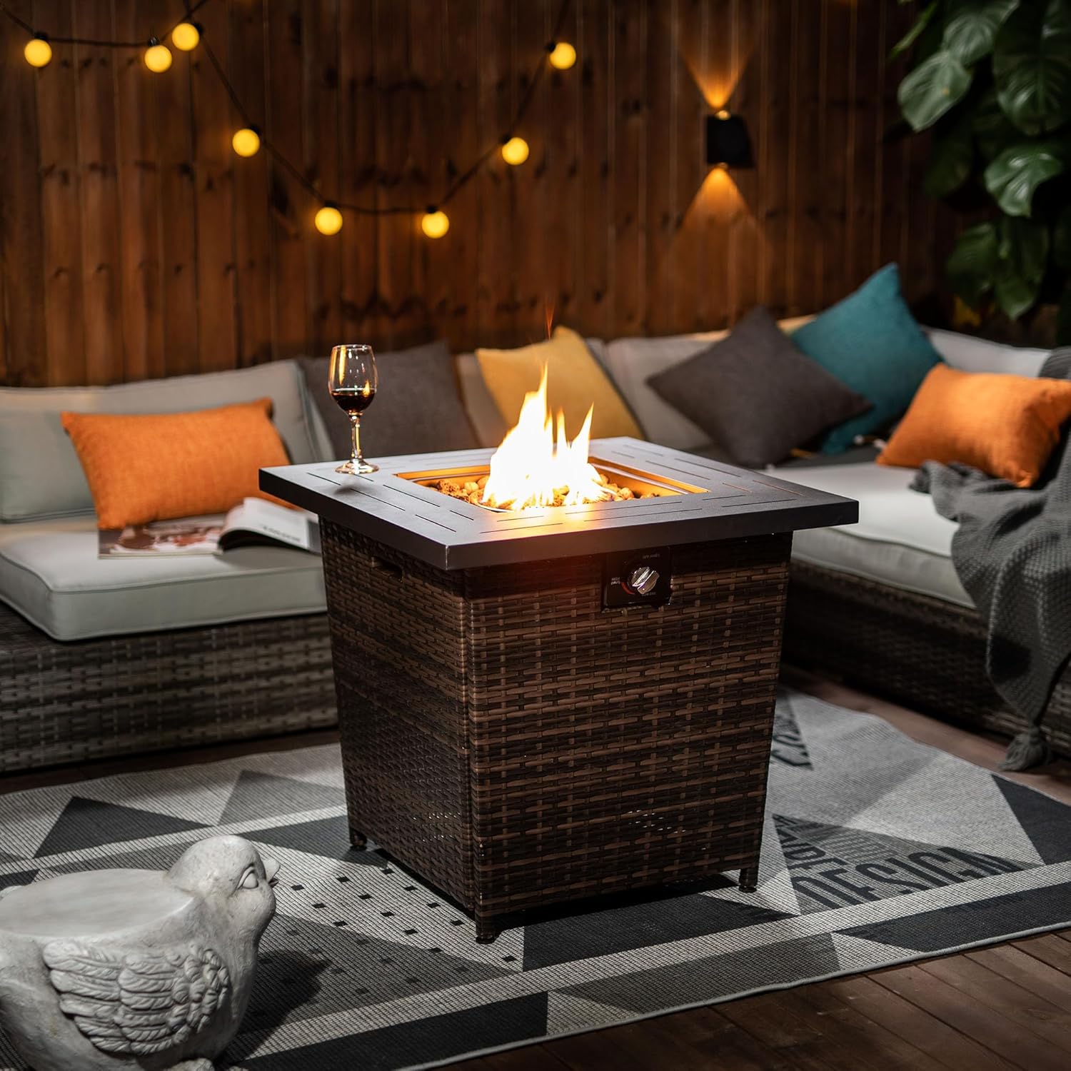 28 inch 50000BTU Square Fire Pit Table Wicker Design Steel Top Propane Gas Fireplace with Electronic Ignition Outdoor Use