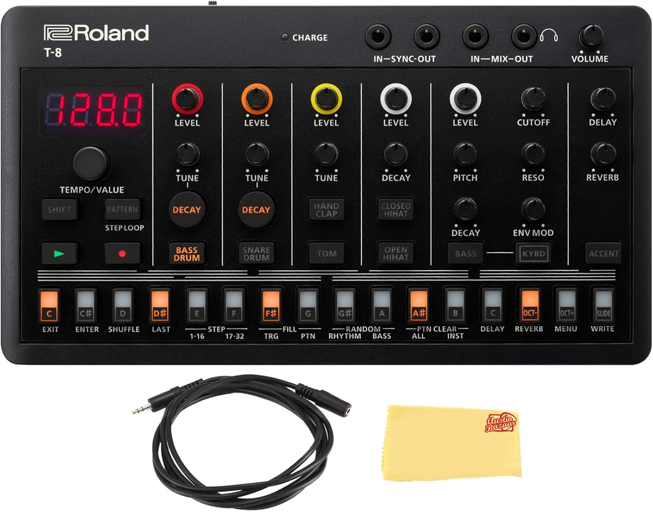 Roland AIRA Compact T-8 Beat Machine Sound Module Bundle with Audio Cable and Austin Bazaar Polishing Cloth