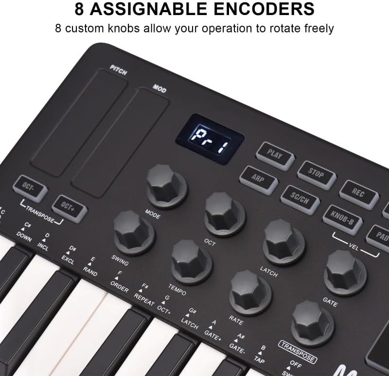25-Key MIDI Controller Keyboard Mini USB with 8 RGB Backlit Pads, Compact MIDI Pad Sequencer & USB Music Arranger for Studio Recording & Live Performance