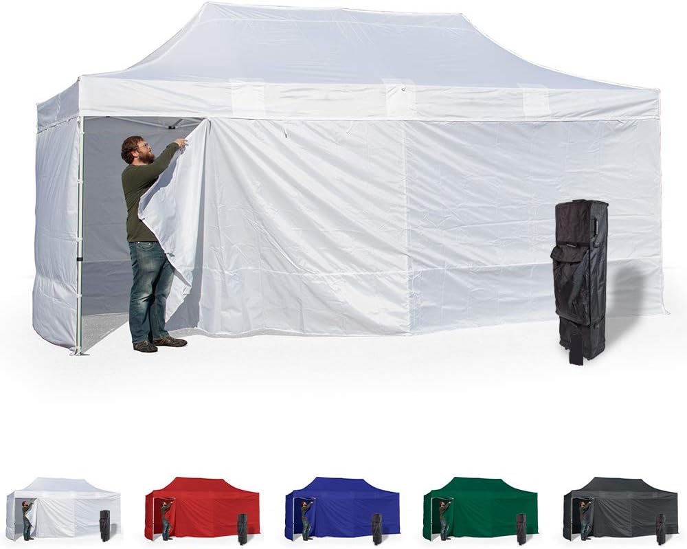 Vispronet 10x20 Instant Canopy Tent and 4 Side Walls – Commercial Grade Steel Frame with Water-Resistant Canopy Top and Sidewalls – Bonus Canopy Bag and Stake Kit Included (White)