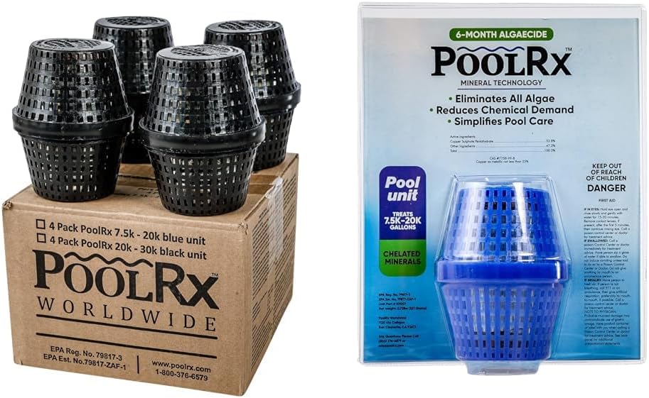 poolrx 101067 Black Units Swimming-Pool-Algaecides (4 Pack) 20,000-30,000 Gallon and Pool RX 101001 Blue Algaecide Treats 7.5k-20k Gallons
