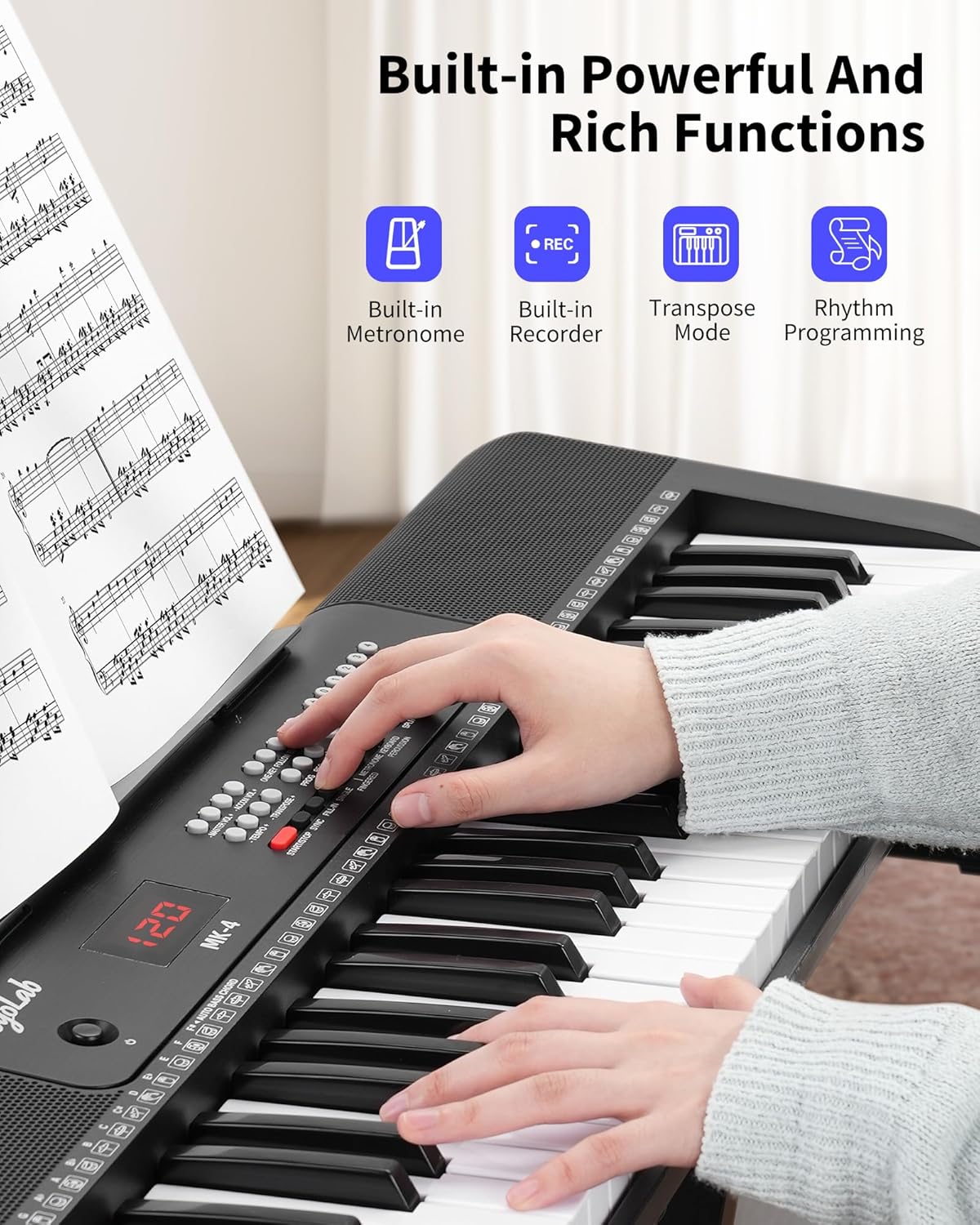 61 Keys Compact Keyboard Piano, Multi-Function Electronic Piano with 255 Sounds, 255 Rhythms, 24 Demos, Includes Sheet Music Stand, Note Stickers & Power Supply, Gift for Beginners, Black