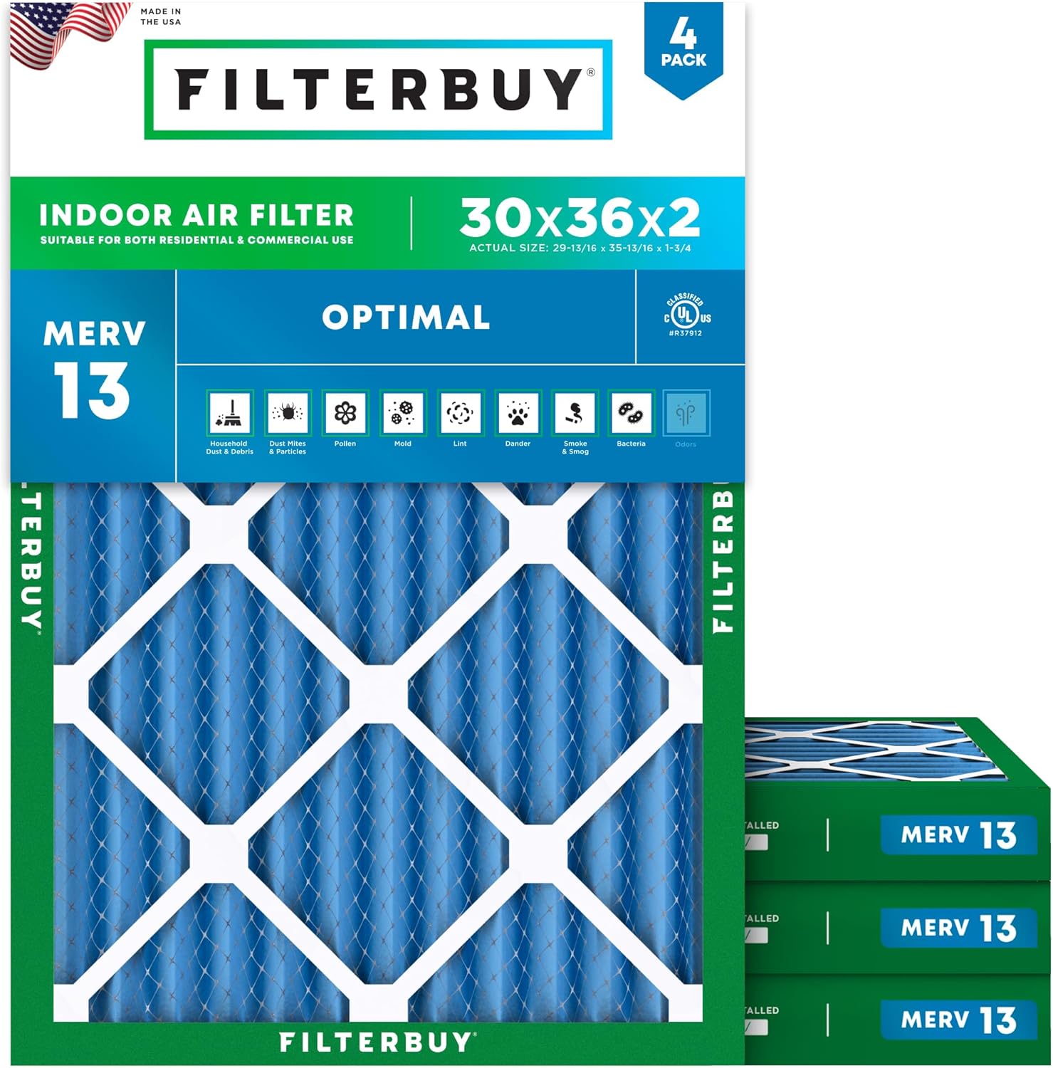 Filterbuy 30x36x2 Air Filter MERV 13 Optimal Smoke & Allergy Defense (4-Pack), Electrostatic Pleated HVAC AC Furnace Filters Replacement, Made in USA (Actual Size: 29.81 x 35.81 x 1.75)