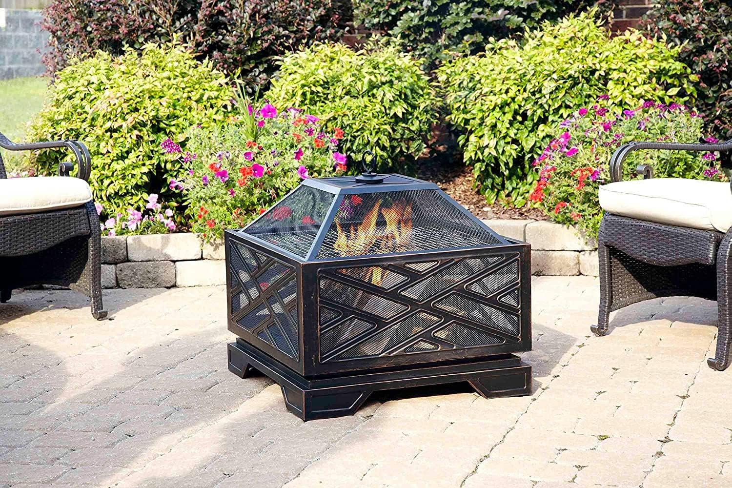 26 Inch Outdoor Fire Pit Iron Square Wood Burning Fireplace Backyard Firepit for Patio BBQ Camping Bonfire with Mesh Cover Grills Poker Bronze