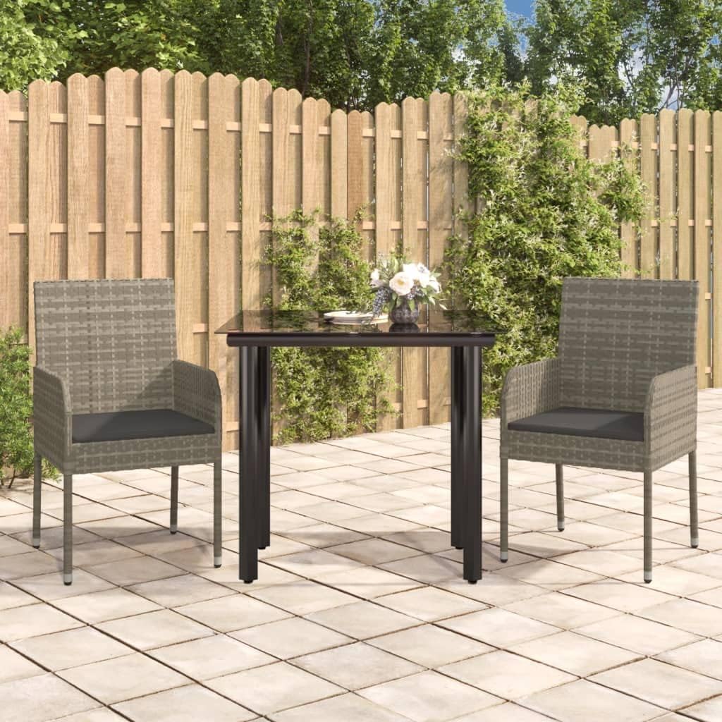 3 Piece Patio Dining Set with Cushions Black and Gray Poly Rattan,Modern Patio Dining Set with WeatherResistant PE Rattan for Outdoor Relaxation and Dining Furniture Sets for Patio, Lawn & Garden