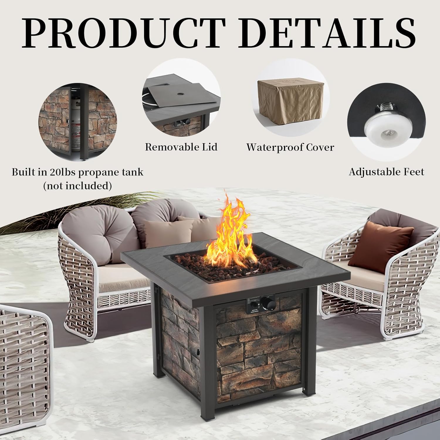 32'' Propane Fire Table for Ourdoor, Sintered Stone Tabletop & Polyresin Natural Stone Base, 50000 BTU Gas Fire Pit Table for Outside Patio and Garden, with Lava Rock