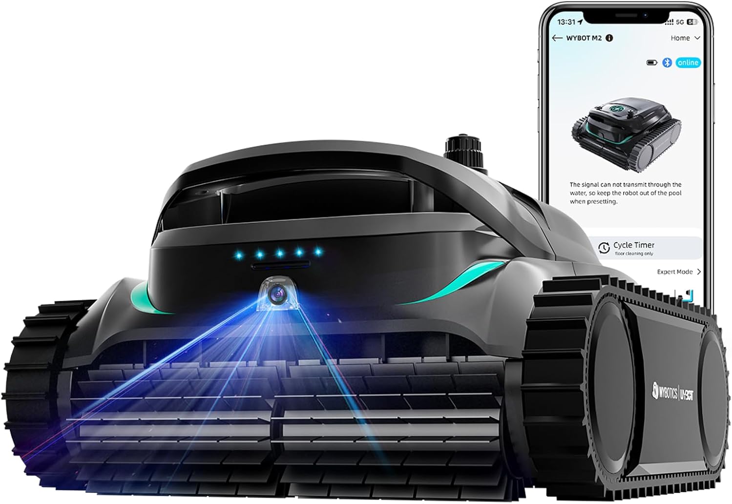 WYBOT M2 AI Camera Robotic Pool Vacuum Cleaner, 8 Modes & 7 Paths, Dual Filtration, App Control, 120W Brushless Motor, 10,000mAh Battery, 300mins Runtime, Covers 4,305 Sq.Ft, Black&Green