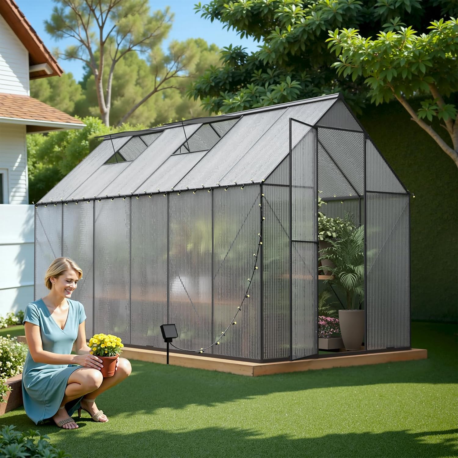 6x12 Outdoor Greenhouse Walk in Heavy Duty Storage Shed with Adjustable Vent Window Lockable Hinged Door,Polycarbonate Greenhouses for GPlants,UV Protection Metal Sun Room for Garden, Backyard