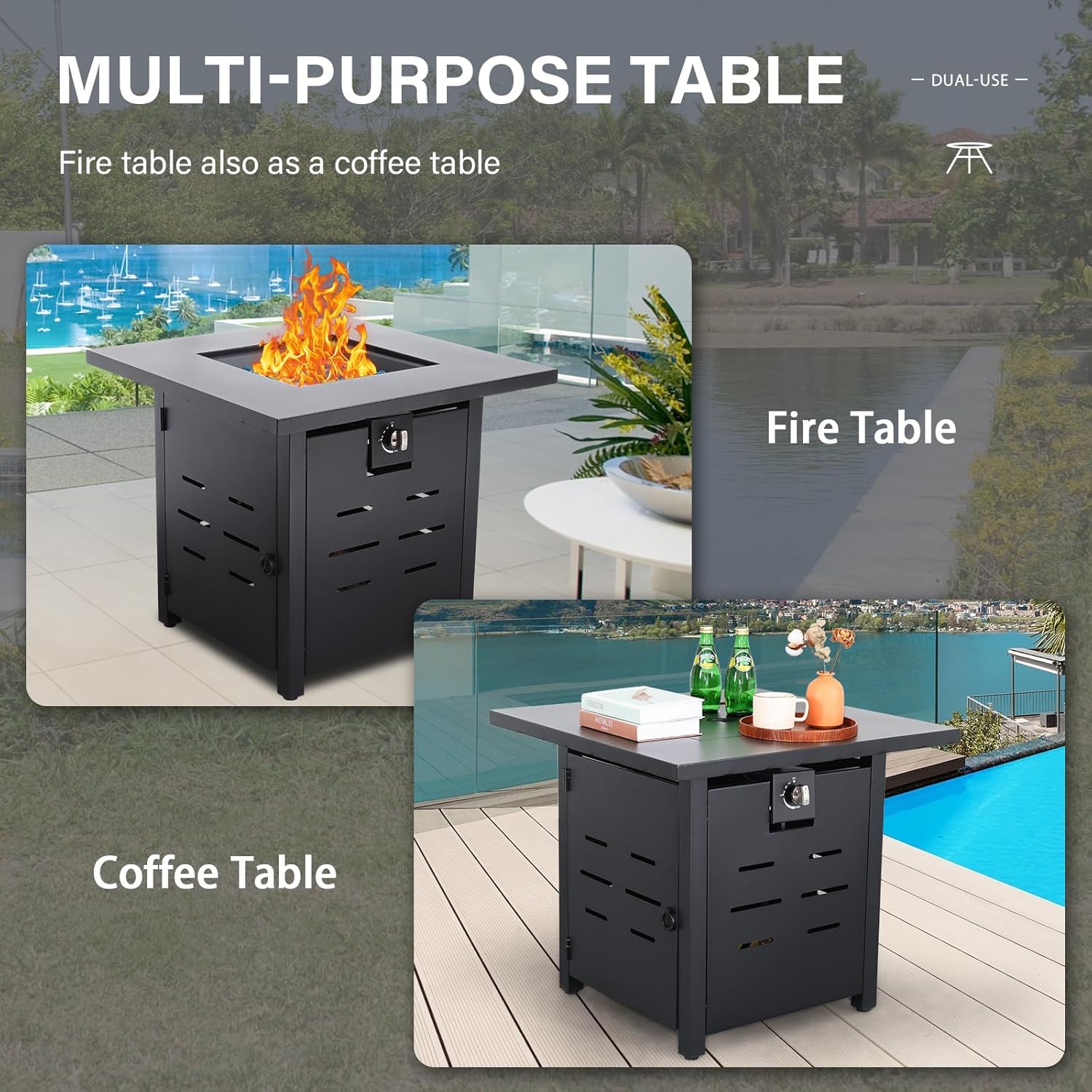 Propane Fire Pit 28 Inch Outdoor Fire Pit 50000 BTU Square Gas Fire Table with Steel Lid Blue Crystal Beads and Waterproof Cover for Outside Patio and Garden