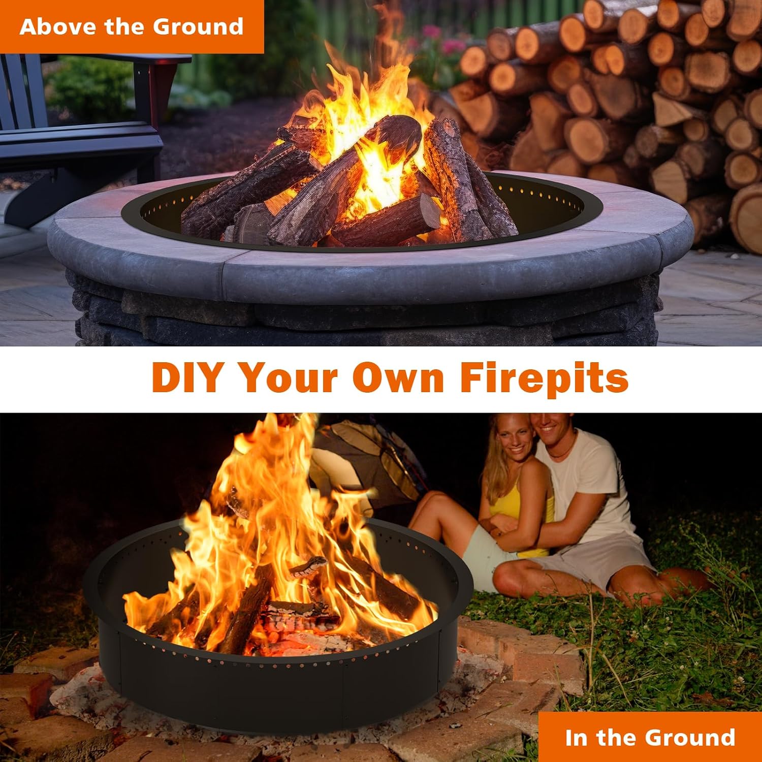 OUSHENG Smokeless Fire Pit Ring Outdoor, 45 Inch Outer 42 Inch Inner Round Wood Burning Firepit Accessories, DIY Metal Steel Liner Insert for Bonfire Outside Camping Above or In Ground
