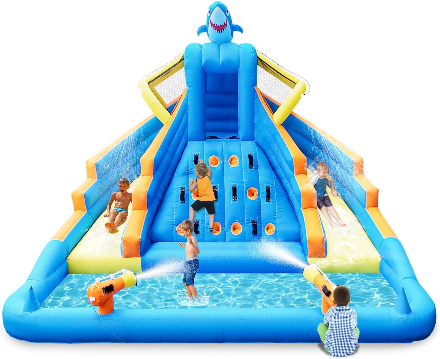 Inflatable Water Slide, 13FT Shark-Themed Large Bounce House with Dual Slides, Climbing Wall, Deep Pool, Water Cannon, 680W Blower, Storage Bag, Backyard Blow Up Water Park for Kids Aged 3–10