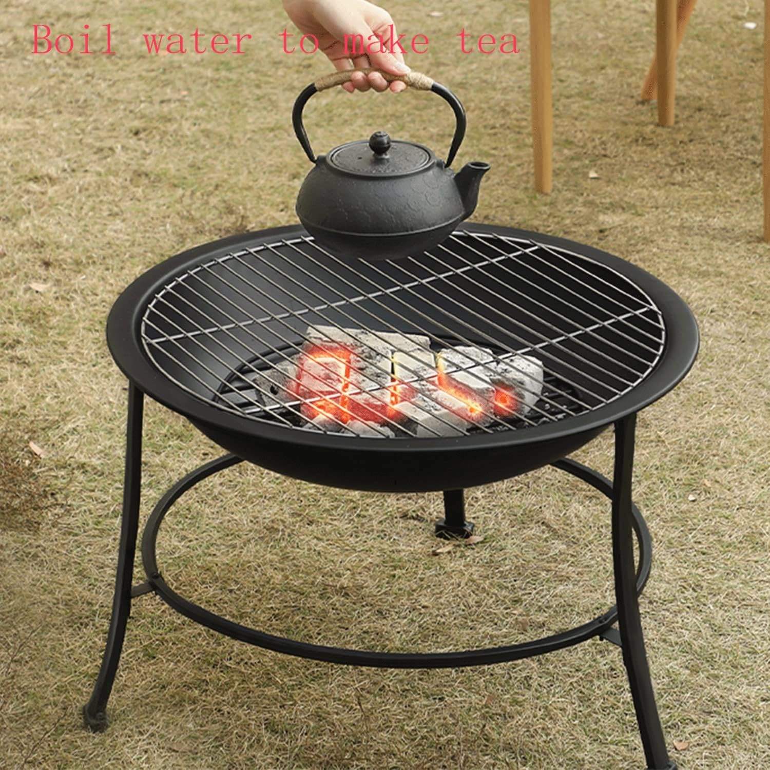 Indoor Fire Pit with Grill, Camping Stove, Large 56cm Garden Firepit, Outdoor Portable Brazier for Patio Heater Camping Bowl with Lid & Poker, Wood & Coal Burning