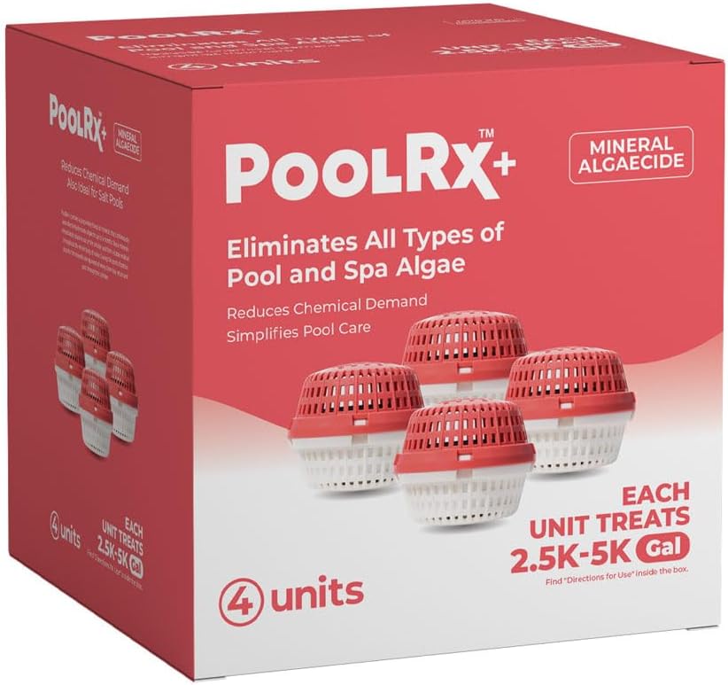 PoolRx+ Mineral Algaecide 4-Unit Pack, up to 6-Month Algae Control, for 2.5K-5K gallons, Red & White, New Formula with Silver.