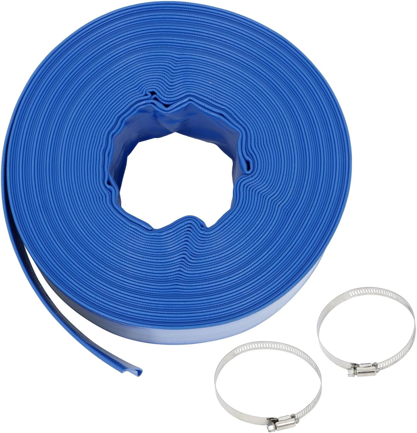 3In x 100Ft PVC Irrigation Backwash and Discharge Hose for Swimming Pools Heavy Duty Reinforced Flat Pool Hose Soft with Two Collets Blue