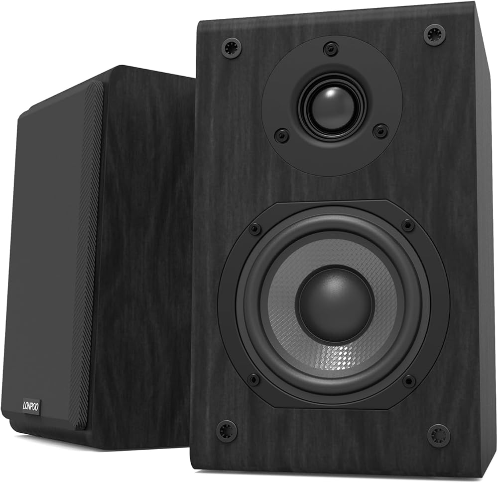 LONPOO Passive Bookshelf Speakers, 75W x 2 Classic Wooden Near Field Monitors with 4-Inch Carbon Fiber Woofer &1-Inch Silk Domed Tweeter 2-Way Loudspeakers,Amplifier Required (Not Inlcuded)
