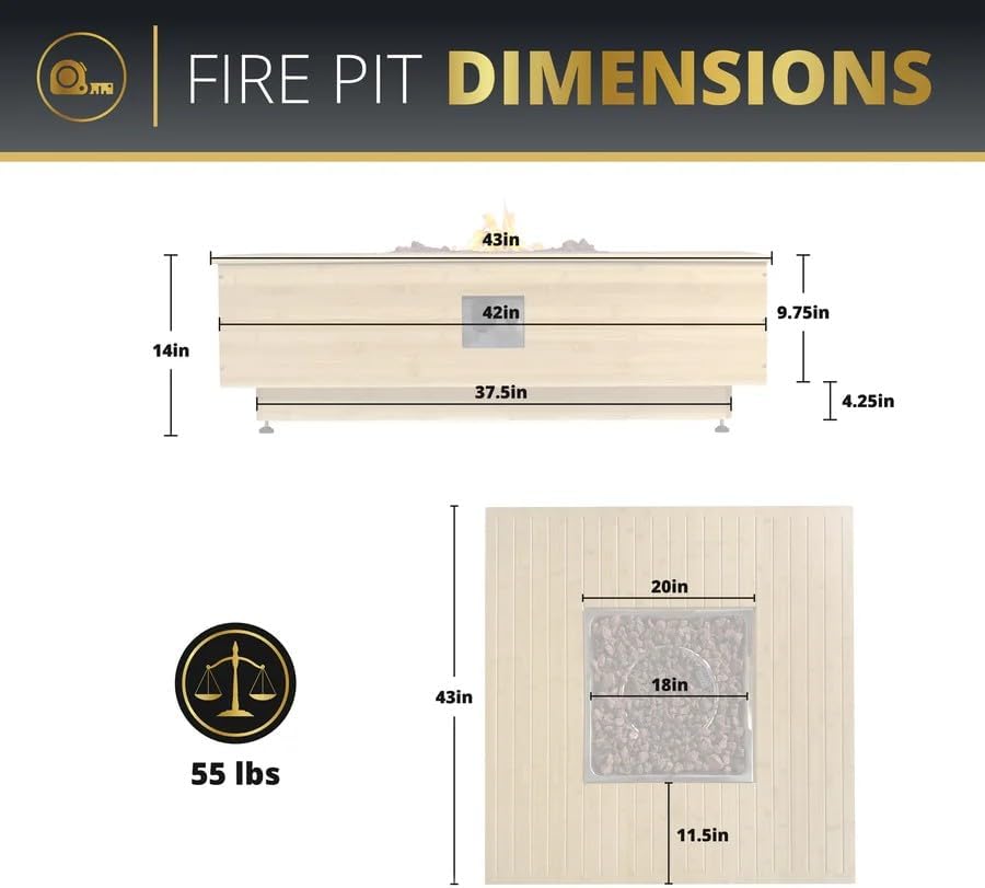 43-Inch Outdoor Propane Square Fire Pit Table, Super Stable Wood Frame 50,000 BTU CSA Certified Smokeless Firepit Table, Includes Side Table Weatherproof Cover Lava Rock for Families, Deck, Backyard