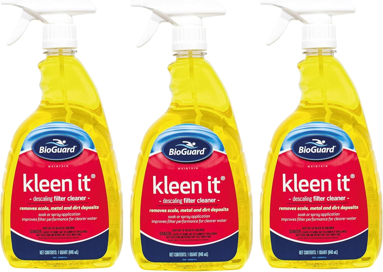 BioGuard Kleen It Filter Cleaner, 1 Quart, Pack of 3, Descaling Formula for Improved Filter Performance and Clearer Water