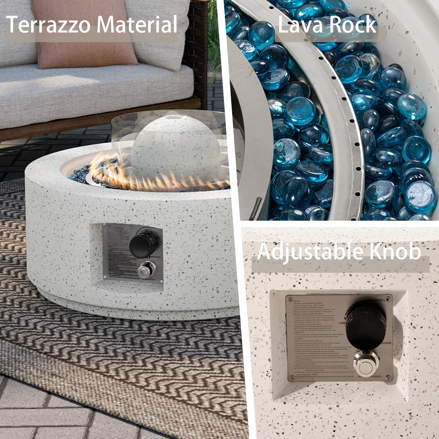 SUNBURY Outdoor Propane Fire Pit, Round Gas Fire Pit, 50,000 BTU 29 Inch Patio Fountain Fire Table Garden Decoration Concrete Gas Fire Table w Waterproof Cover, Blue Fire Glass, Spotted White