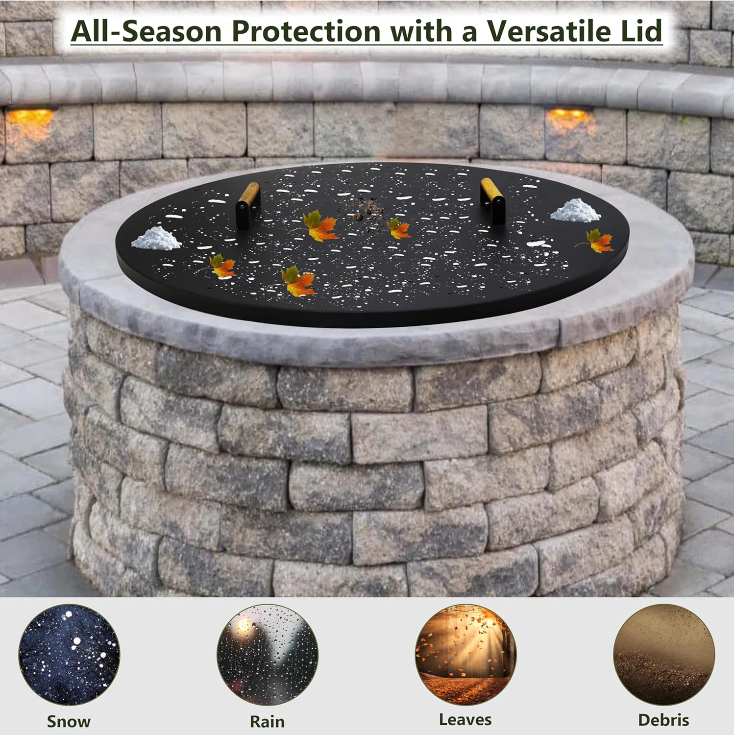 Febtech 38 Inch Solid Firepit Shield - 16 Gauge Heat Resistant Coated Carbon Steel Fire Pit Cover Round with 2 Ergonomic Wooden Handles - Fit for Fire Pit Inside Dia Up to 36