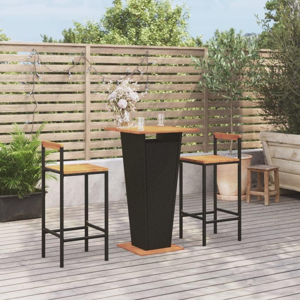 3 Piece Patio Bar Set Black Poly Rattan&Solid Wood Acacia,Modern Outdoor Bar Set with Rattan Chairs and Acacia Wood Table for Garden, Patio, and Backyard Furniture Sets for Patio, Lawn & Garden
