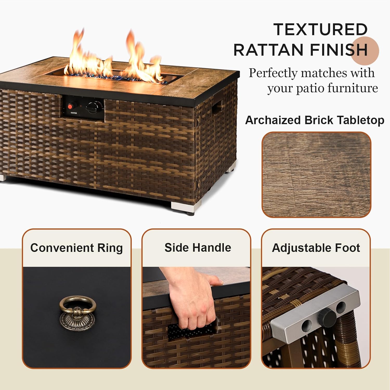 Outdoor Propane Fire Pit Table w/Tank Holder, 2 Piece Handmade Rattan Wicker Firepit Ceramic Tabletop with Steel Lid 40,000 BTU Rectangle Fire Table Set for Patio, Deck, Backyard (Brown)