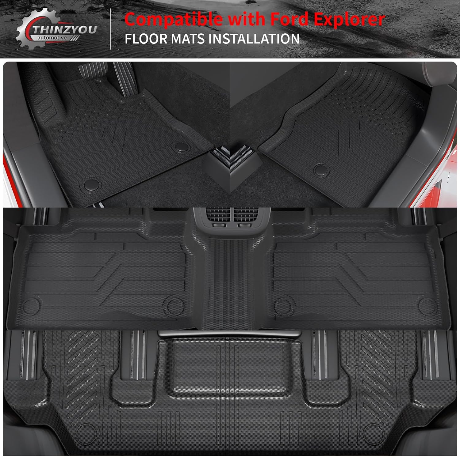 Floor Mats Compatible with 2020-2026 Ford Explorer 6 Seat Trunk Mat Cargo Liner TPE Back Seat Cover Protector 2025 Explorer Accessories (Fit 6 Seat,Trunk Mat with Backrest Mats+Floor Mats)