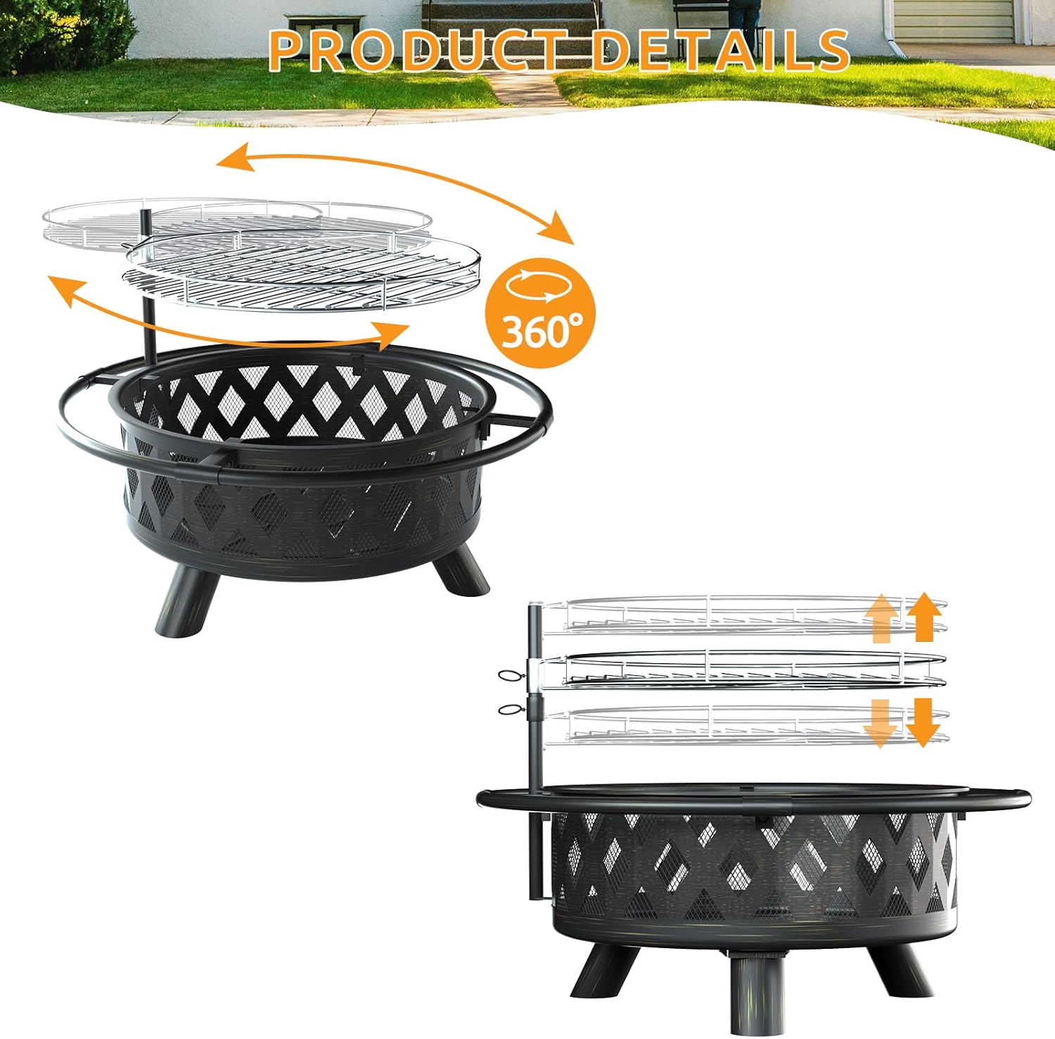 Amopatio Fire Pit with Mat & Cover, 30 Inch Large Outdoor Wood Burning Fire Pits, Patio Backyard Firepit with Steel BBQ Grill Cooking Grate, Spark Screen & Poker for Garden, Bonfire, Camping, Picnic