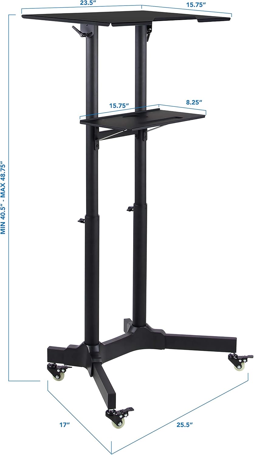 Mount-It! Mobile Podium Stand with Wheels, Adjustable Height Rolling Lectern, Portable Standing Desk with Tilted Shelf and Storage for Office, Classroom, and Presentations