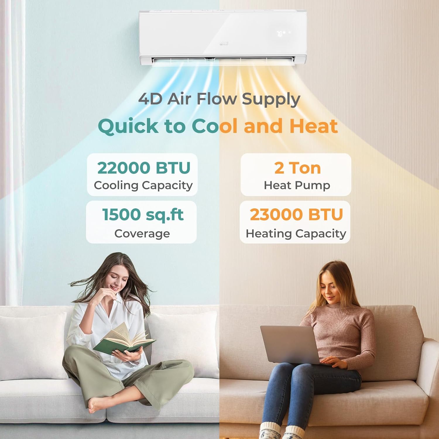 COSTWAY 24000 BTU Wifi Enabled Mini Split Air Conditioner & Heater, Energy Efficient, 21 SEER2 208-230V Inverter AC Unit Cools up to 1500 Sq. Ft. (White, 24000BTU, 208-230V, 21 SEER2-WIFI)